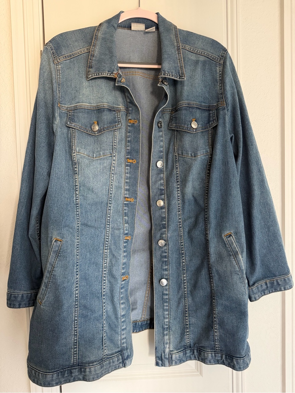 Chicos Classic Blue Denim Jacket Coat - Women's Long Jean Jacket size 3 (XL)